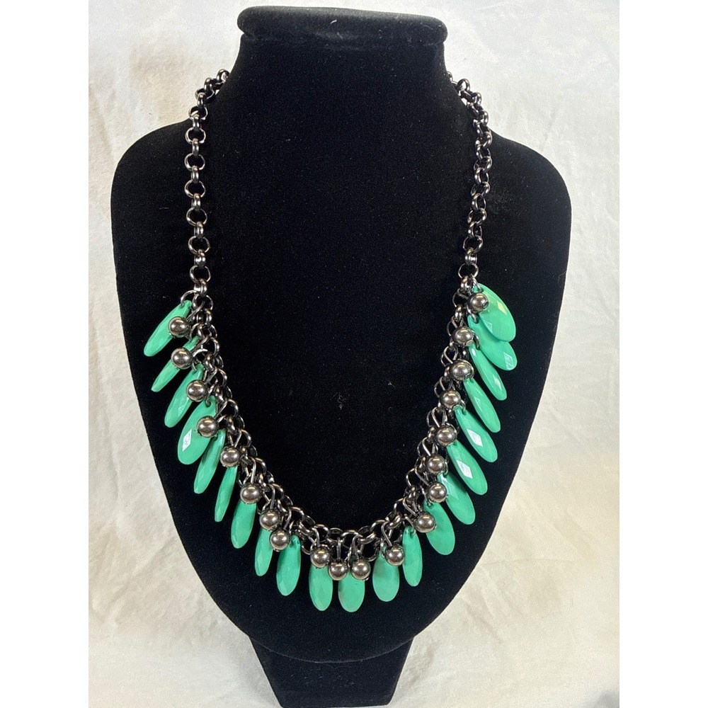 Gunmetal Mint Green Teardrop Statement Necklace Silver Ball Fringe Chunky Chain